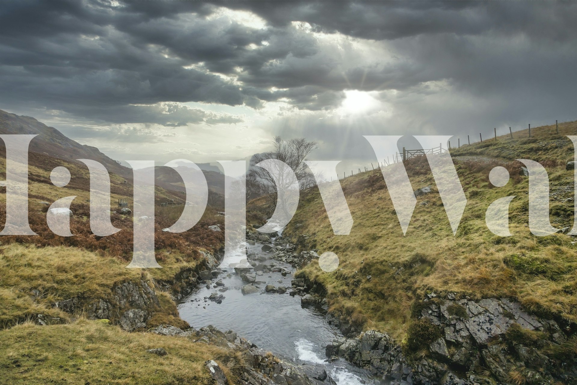 Lake District landscape scene with rocky creek and cloudy skies wallpaper