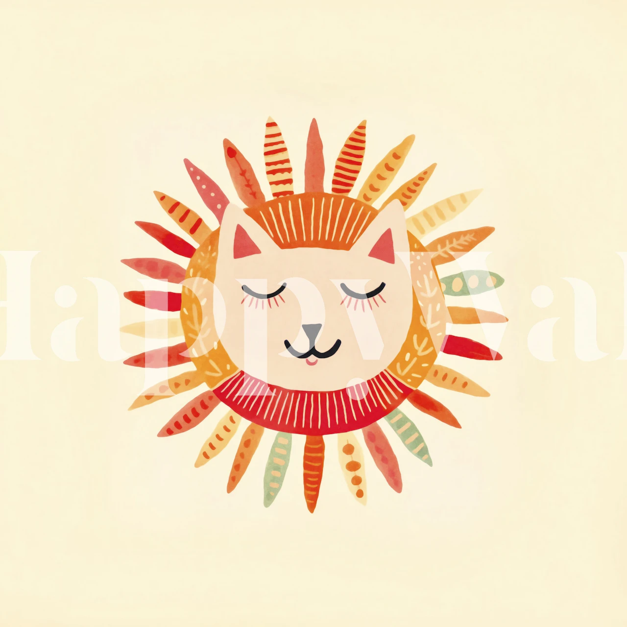 Cute cat smiling face surrounded by colorful sun rays wallpaper