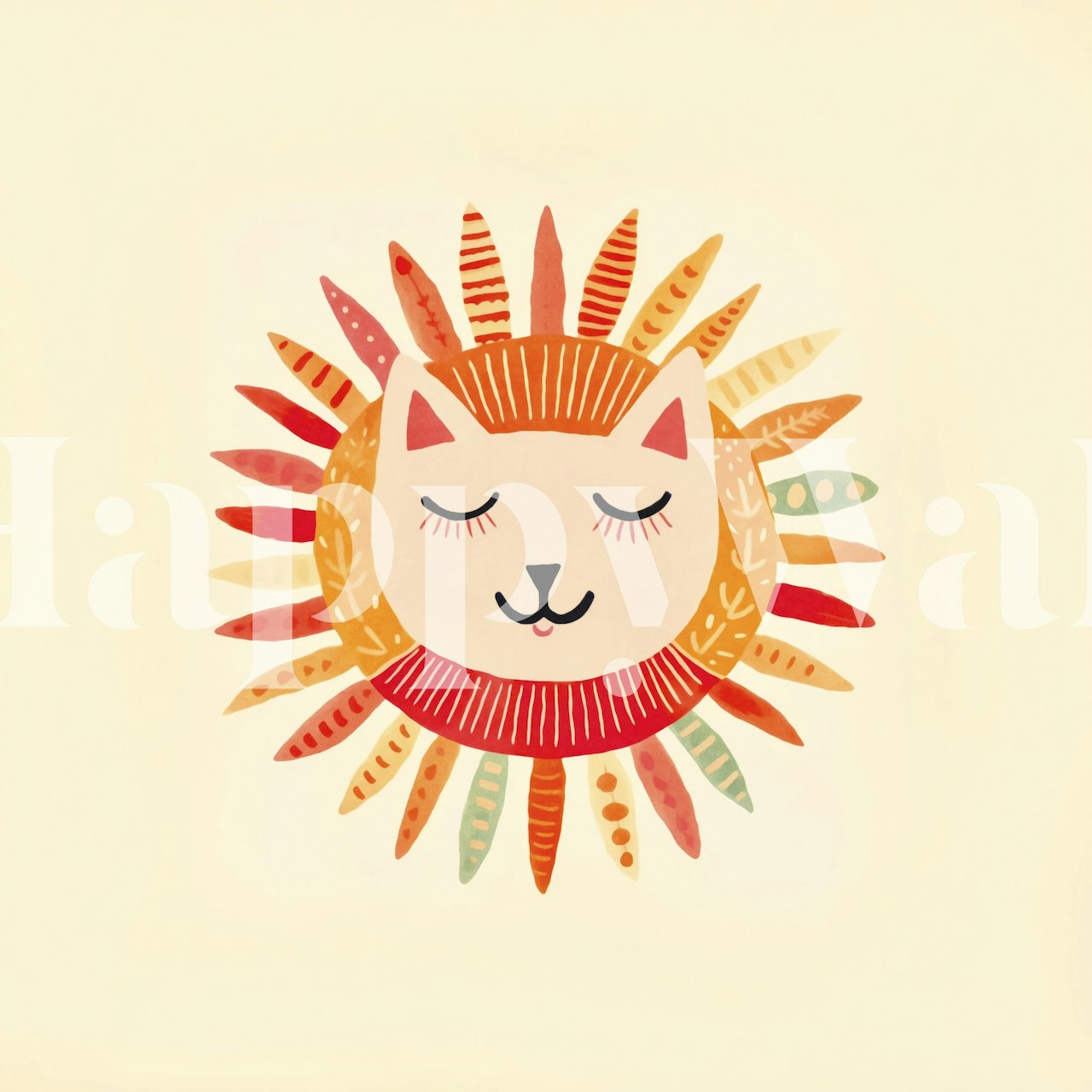 Cute cat smiling face surrounded by colorful sun rays wallpaper