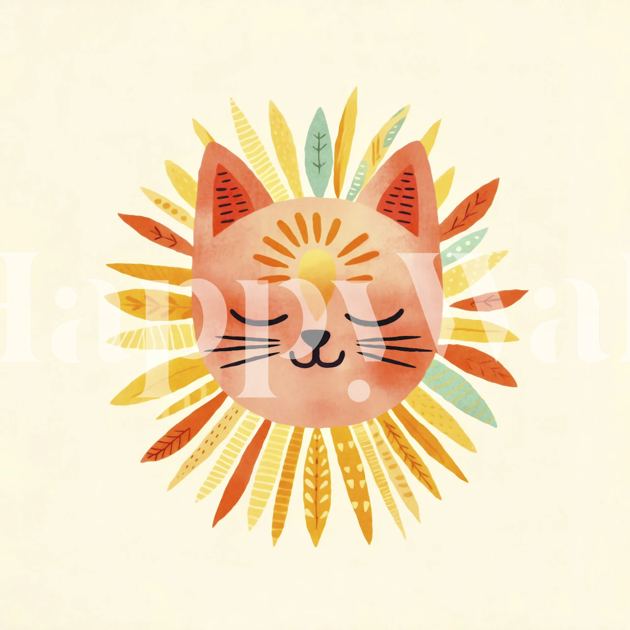 Cute cat smiling face watercolor wallpaper in a room