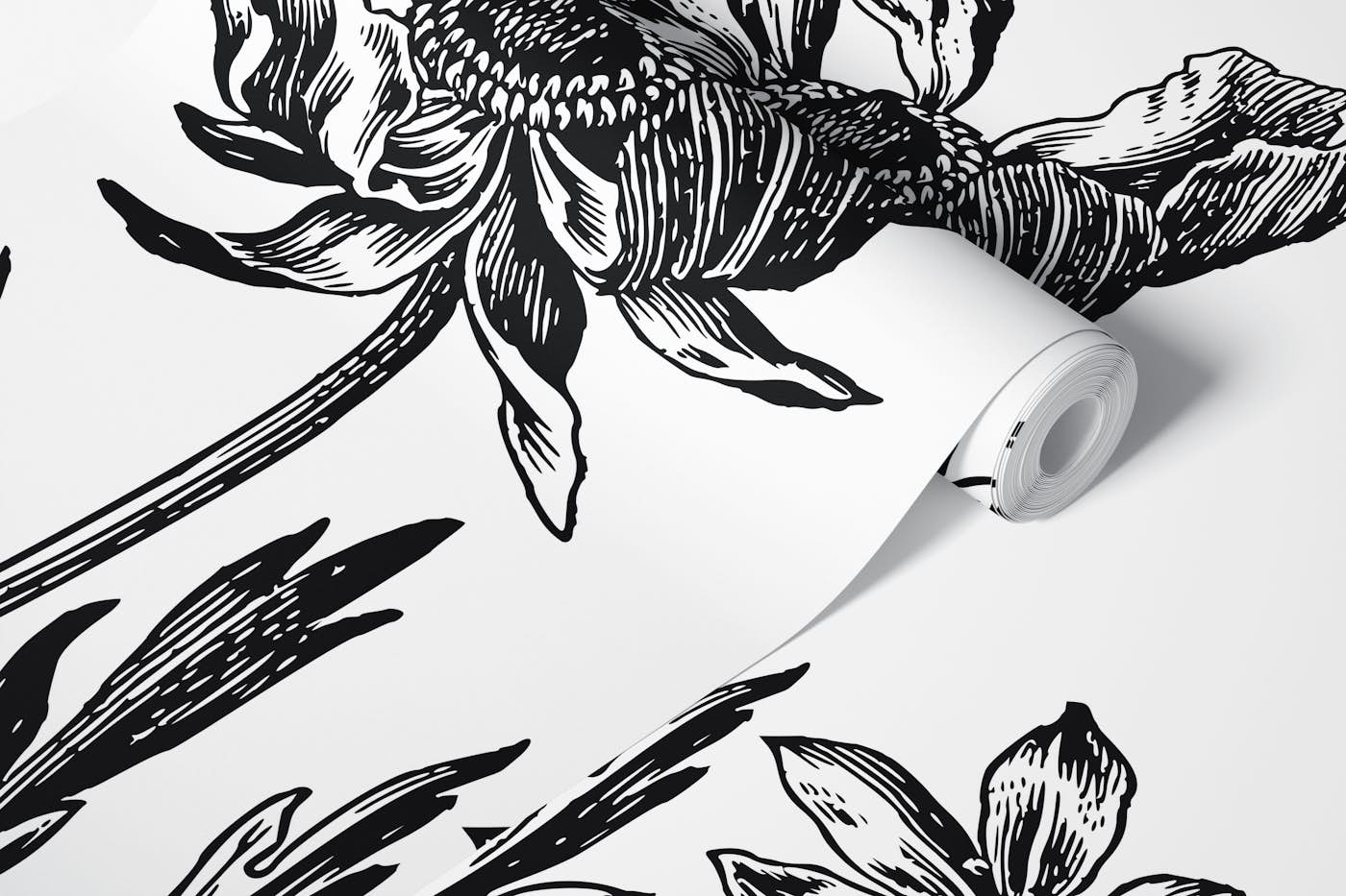 Historic Flower Drawing Black And White wallpaper roll