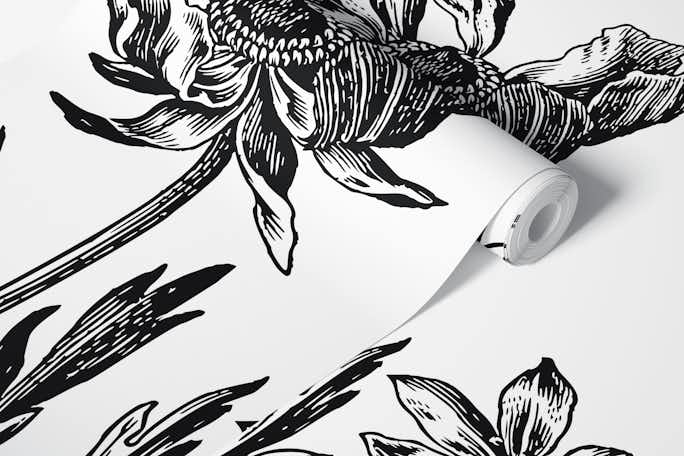 Historic Flower Drawing Black And Whitewallpaper roll