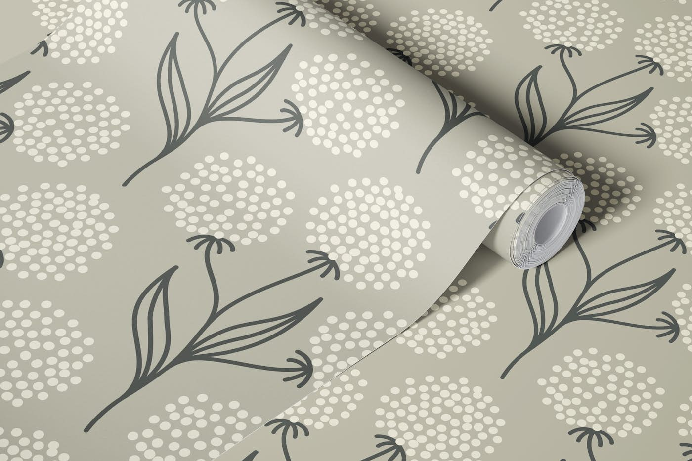 Abstract meadow plants pattern, beige (2882C) wallpaper roll