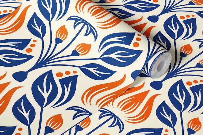 Vintage flowers pattern, orange blue 2886Fwallpaper roll