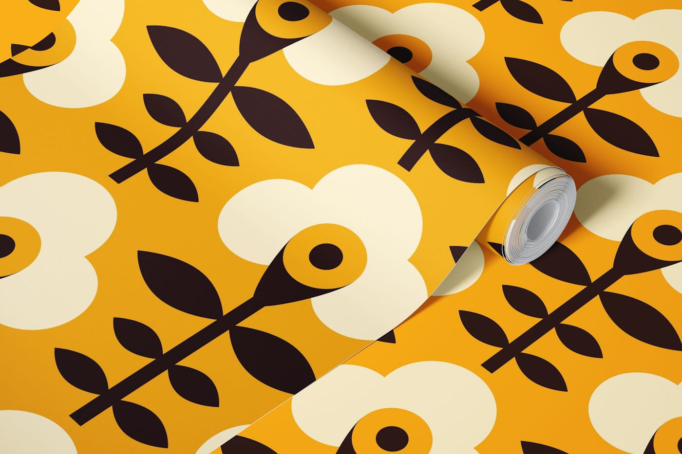 Geometrical retro flowers, yellow / 2892B wallpaper roll