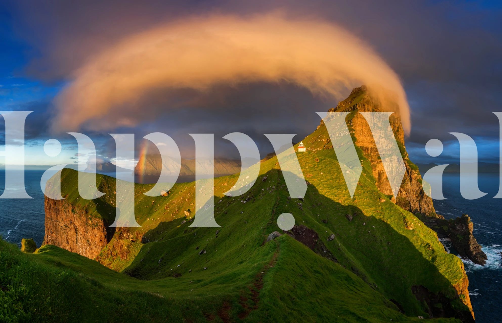 Mountain scenery with rainbow and clouds wallpaper