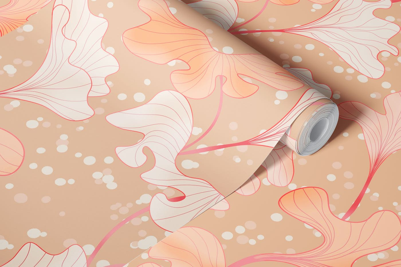 Peach Bold Leaves wallpaper roll