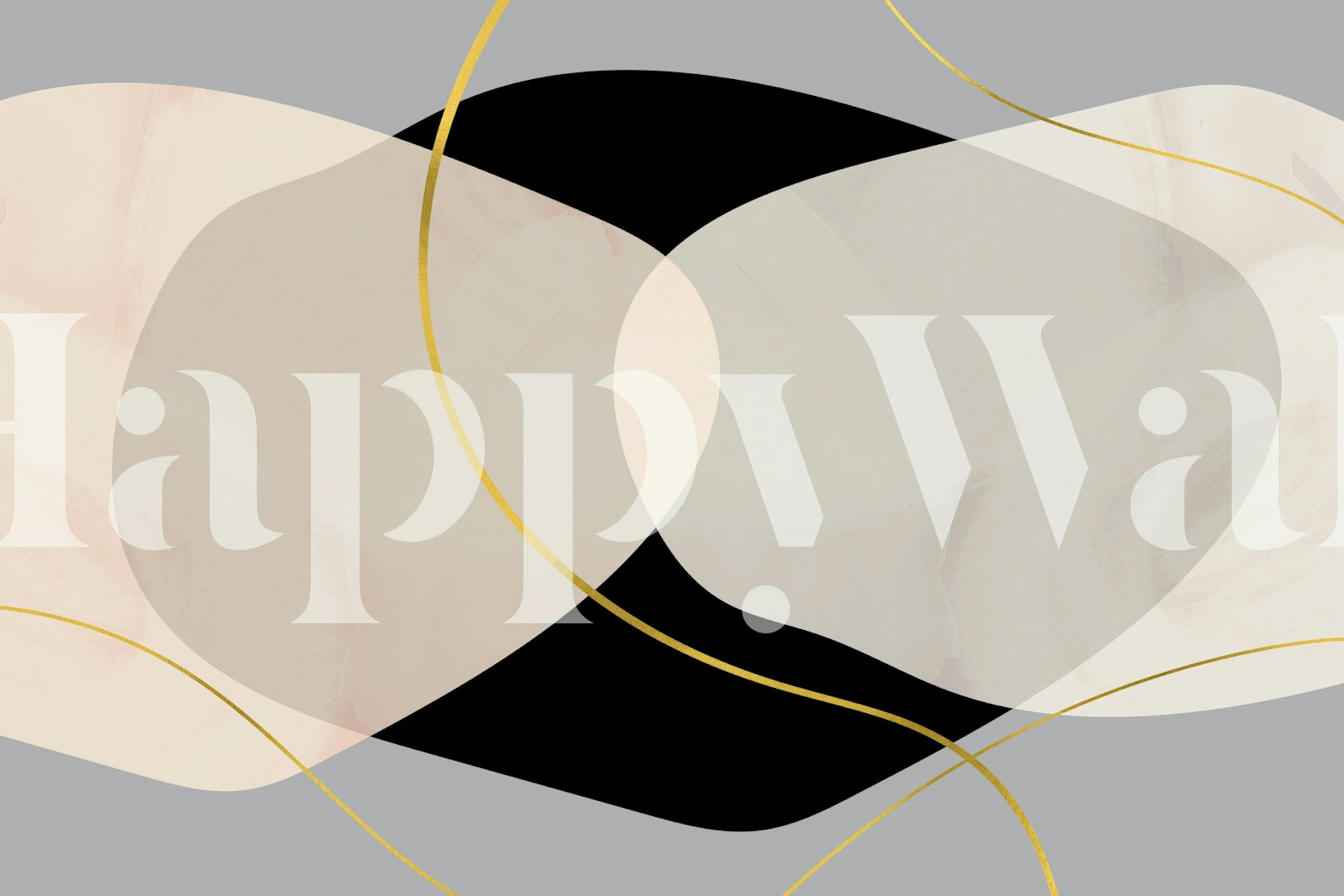 Mid-Century Luxury Organic Τοιχογραφία τοίχου με κρεμ, μαύρα και γκρι σχήματα που τονίζονται από χρυσές γραμμές