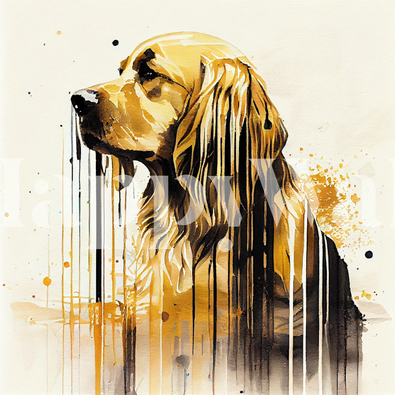 Watercolor depiction of a golden retriever dog with splashes of gold and black wallpaper