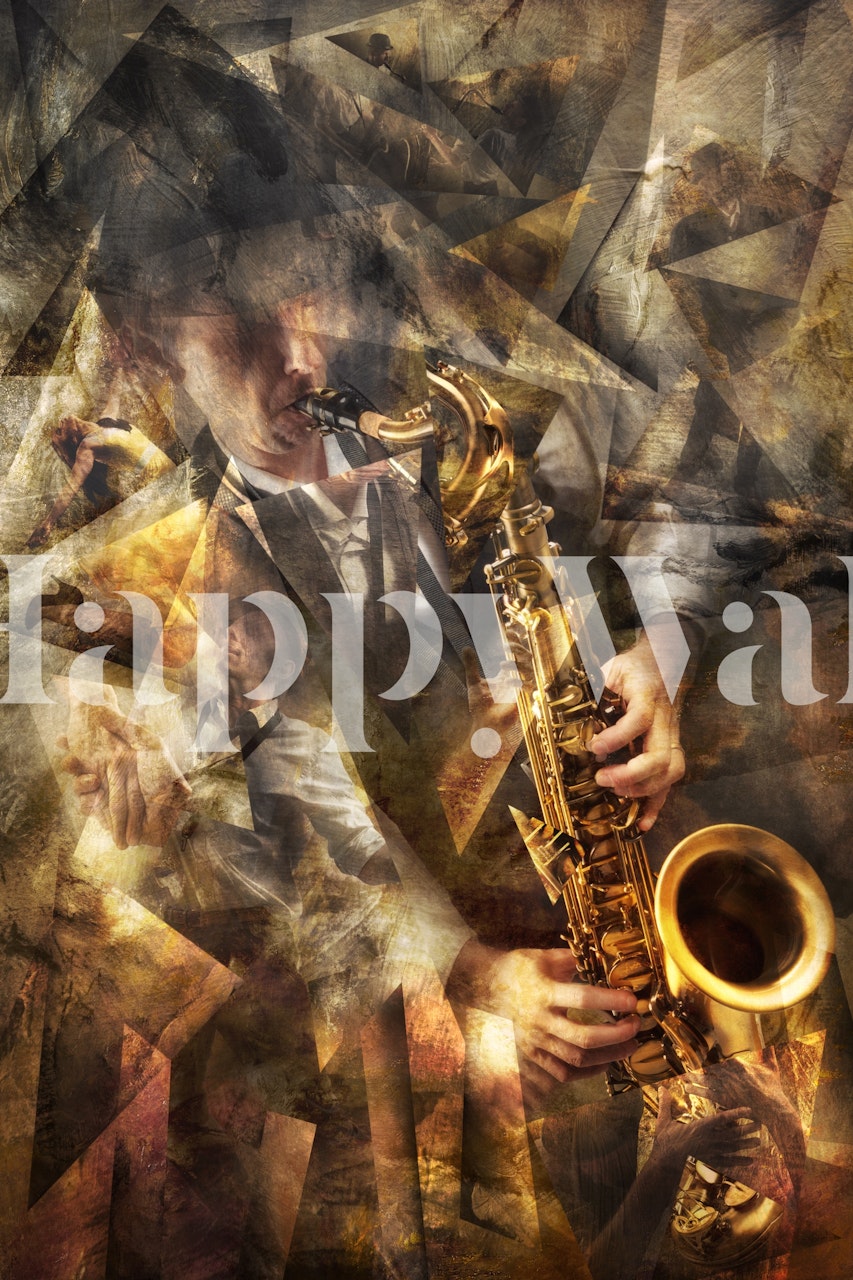 Carta da parati astratta del sassofonista jazz in tonalità seppia con forme e texture dinamiche