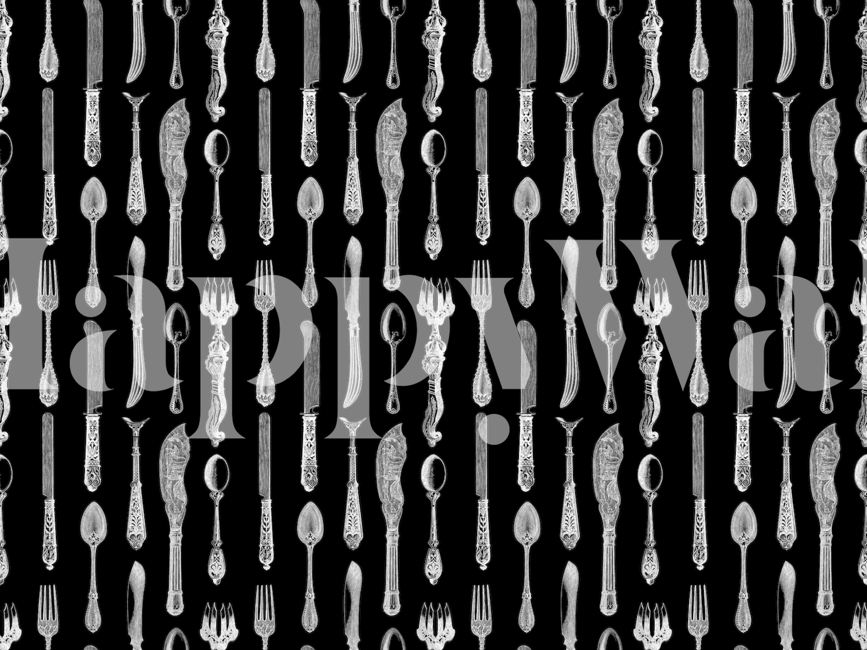 Historic silverware pattern in black and white wallpaper