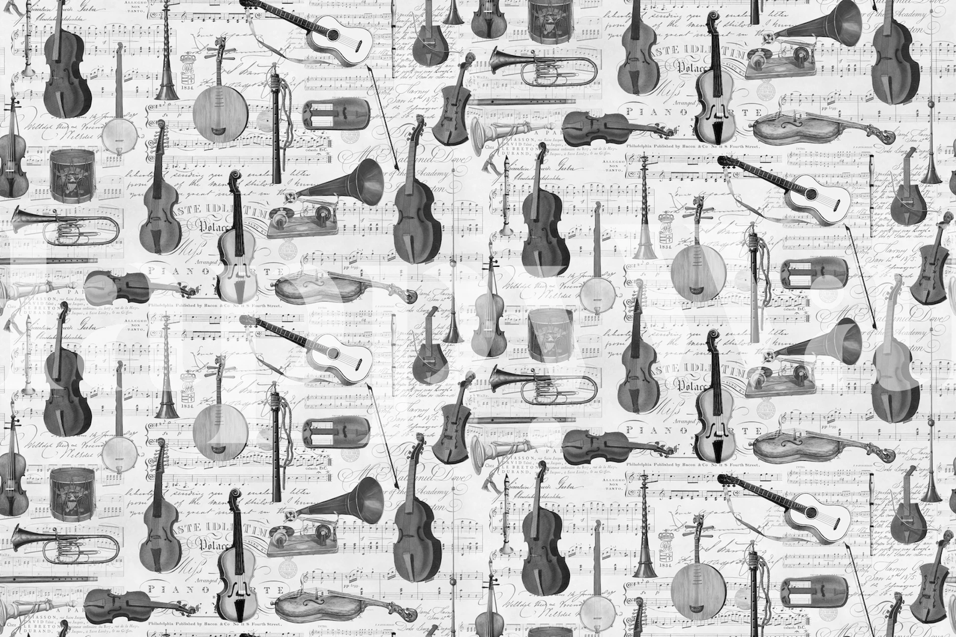 Vintage-style wall mural displaying a variety of musical instruments and notes