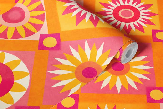 Whimsical Sunshine Quilt Collage Pink Orangewallpaper roll