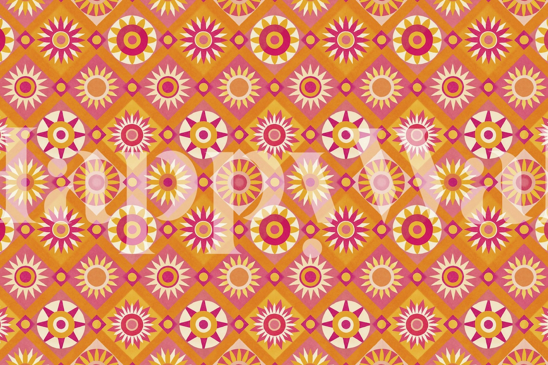 Whimsical Sunshine Quilt Collage wall mural with vibrant pink and orange patterns