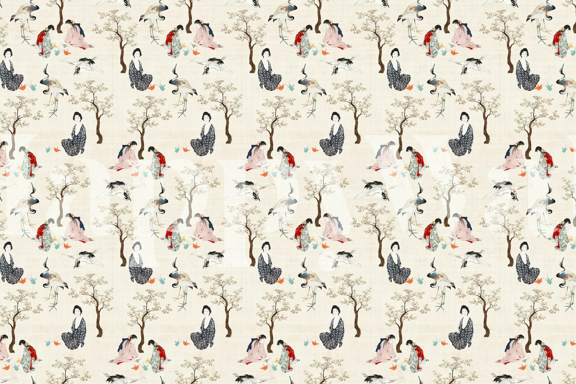 Mural de parede asiático Chinoiserie retratando mulheres em roupas tradicionais com pássaros e flores