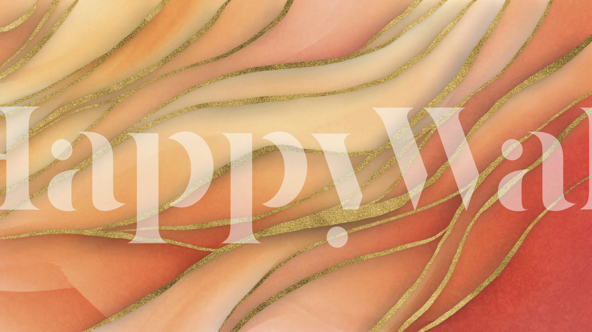 Abstrakt bløde akvarelbølger vægmaleri i orange og guldtoner.