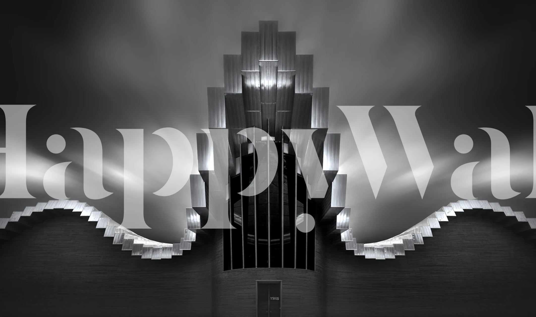 Abstrakt svart og hvitt veggmaleri av Bodegas Ysios med bølgete linjer og art deco-stil