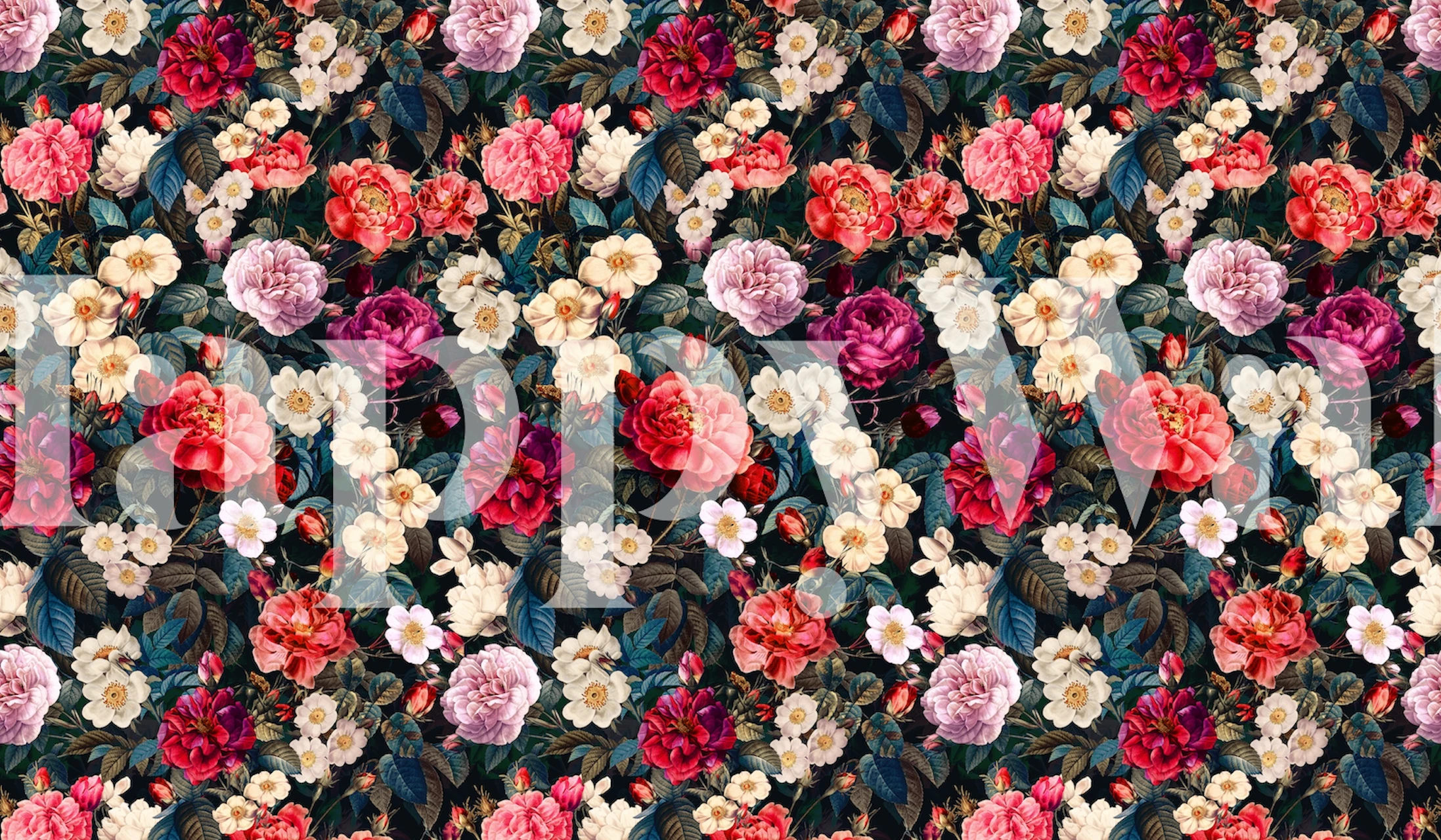 Uma densa variedade de rosas coloridas em um mural de parede chamado Rose Garden IX, com flores rosa, vermelhas e brancas.