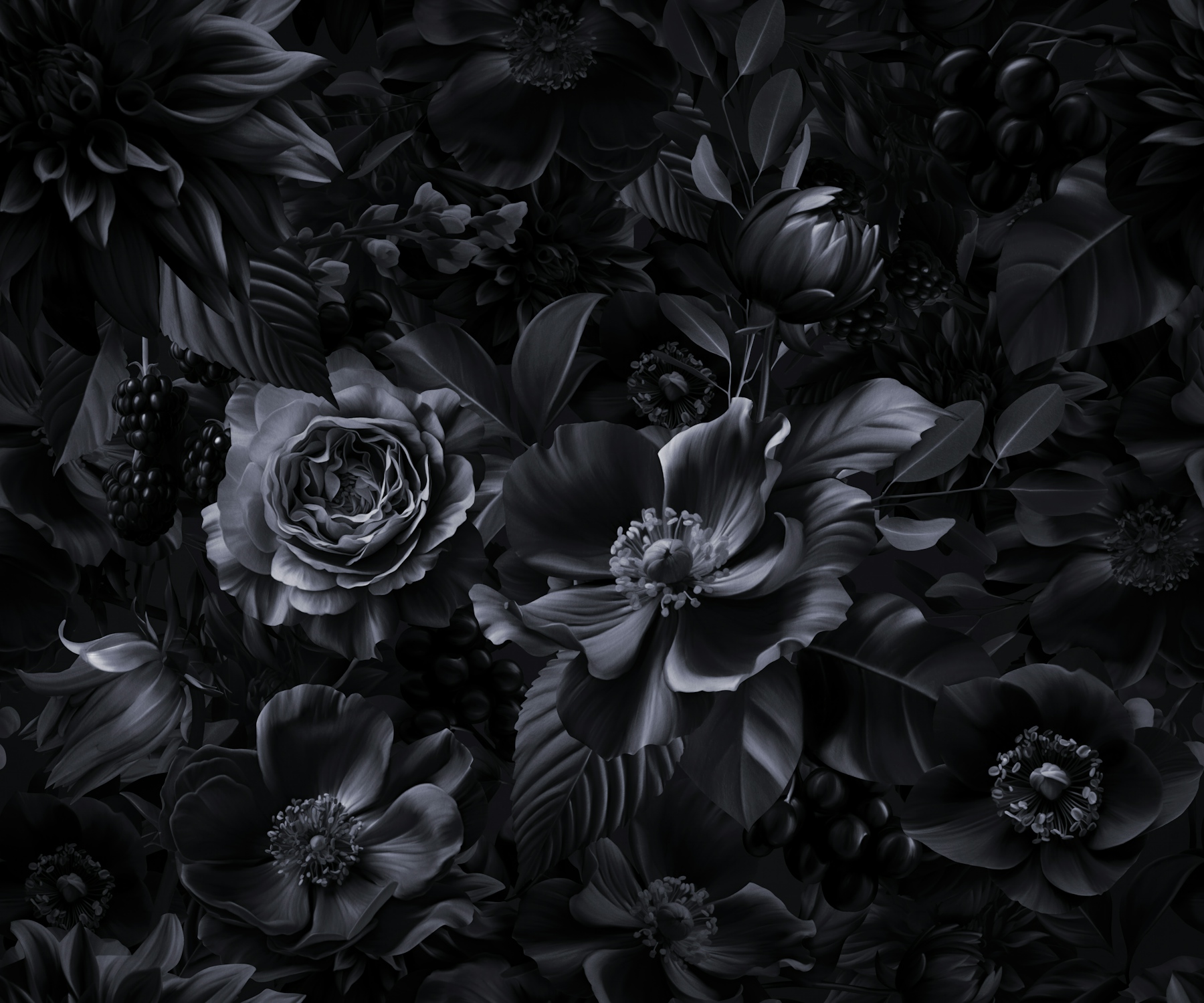 Opulent Baroque Flowers Black And Grey wallpaper | Happywall