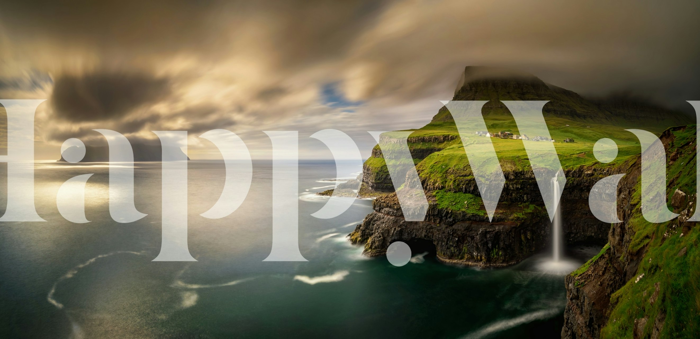 Panoramic view of a waterfall cascading down rocky cliffs into the sea with cloudy sky wallpaper