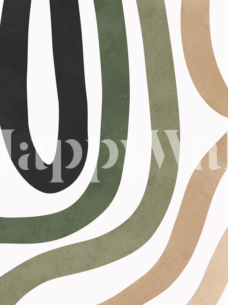 Curved abstract lines in green, black, and beige wallpaper