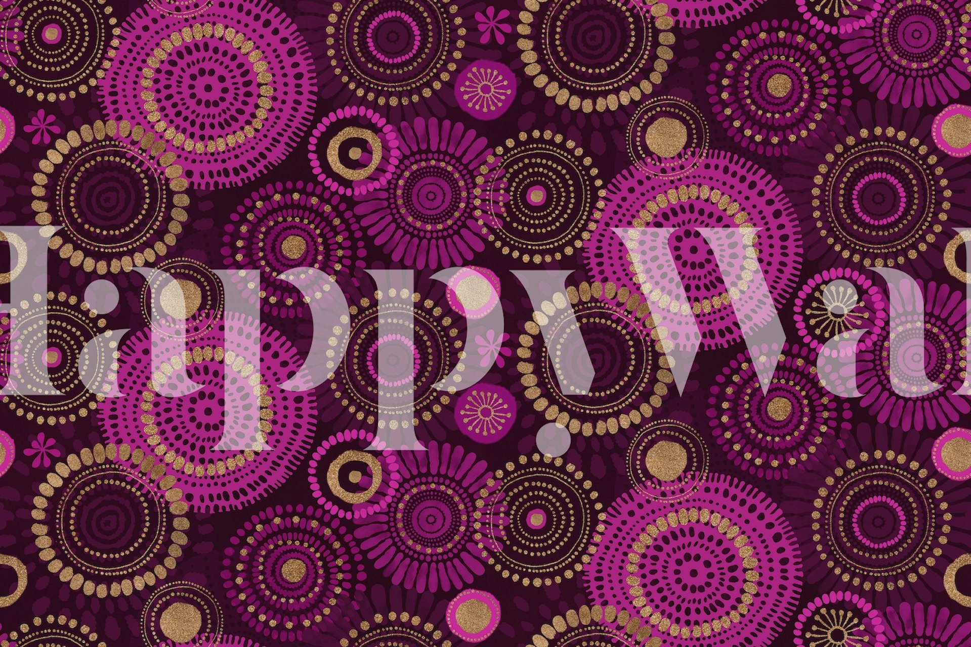 Ornate fuchsia pink and gold circles on a maroon background wallpaper