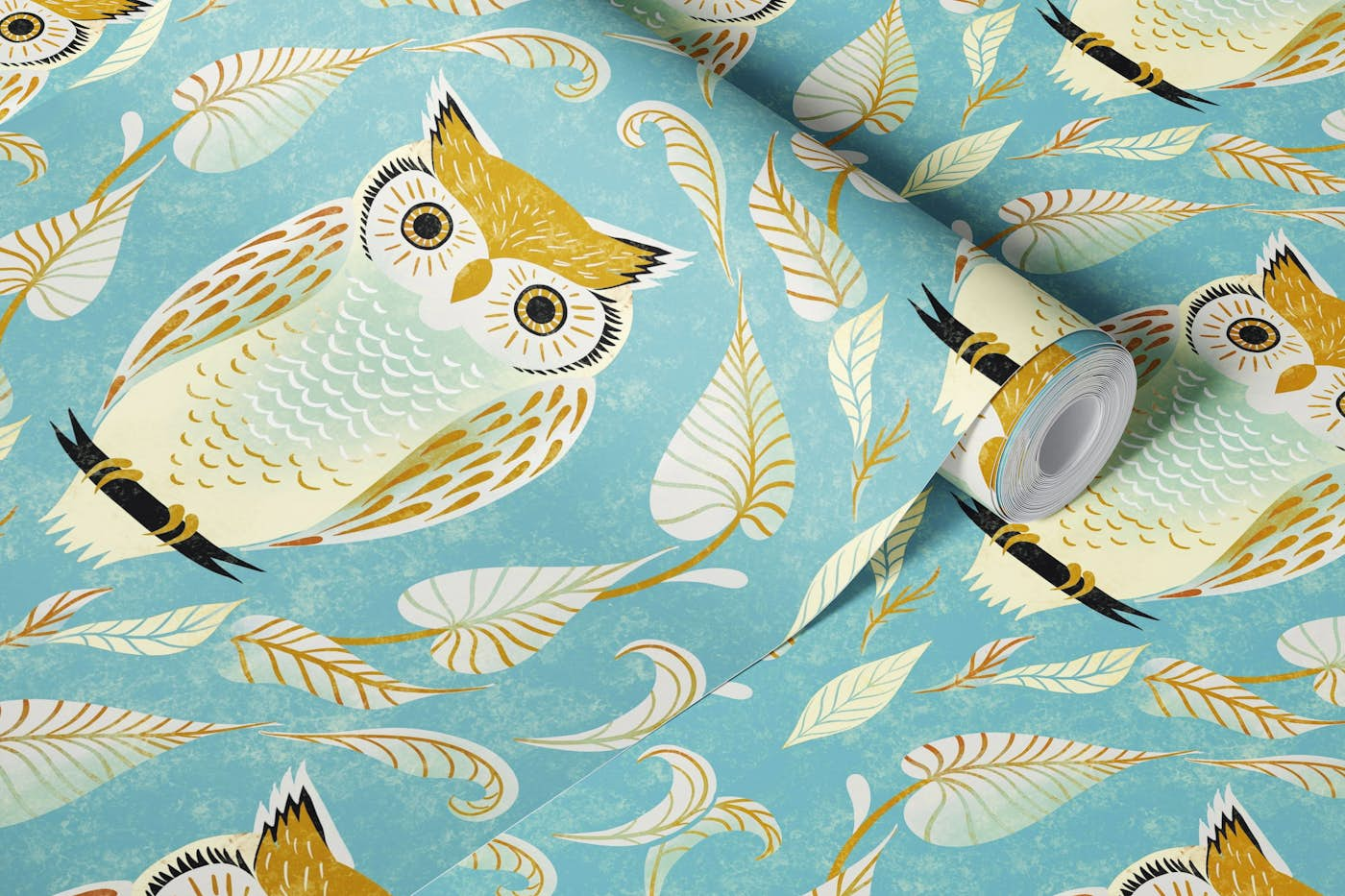 snow owl on sky blue damask wallpaper roll