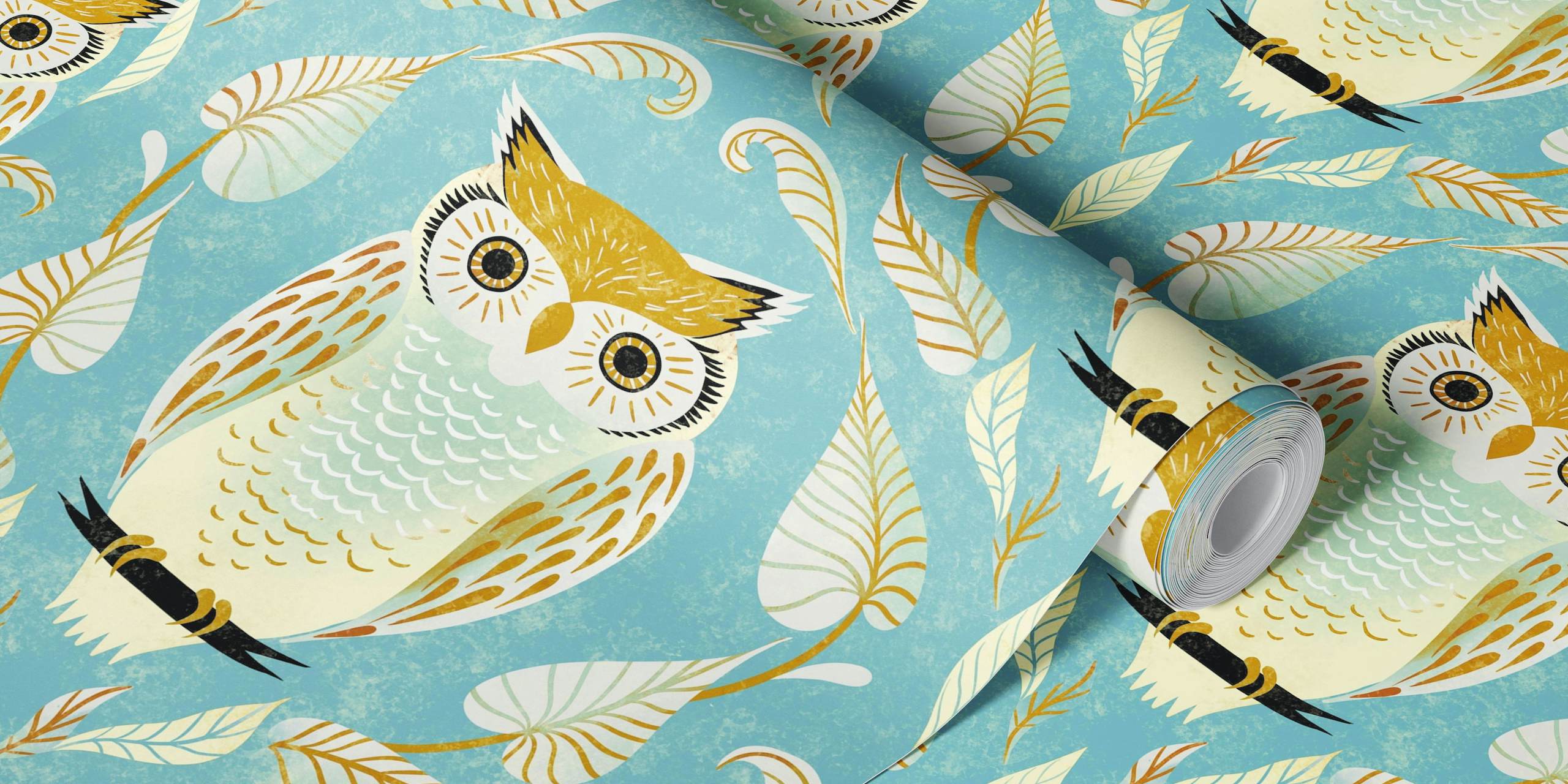Colorful snow owl and leaf pattern on aqua blue wallpaper