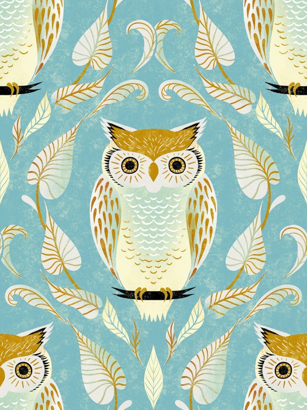 snow owl on sky blue damask