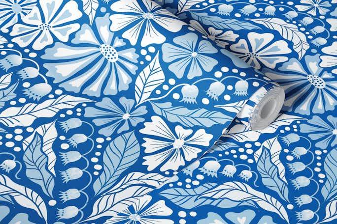 floral garden in Delft blue and whitewallpaper roll