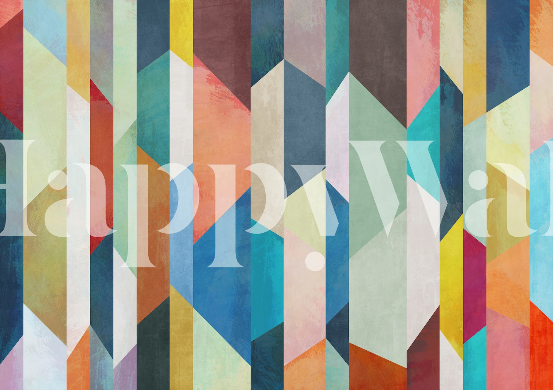 Colorful geometric pattern in shades of blue, orange, pink, and yellow wallpaper