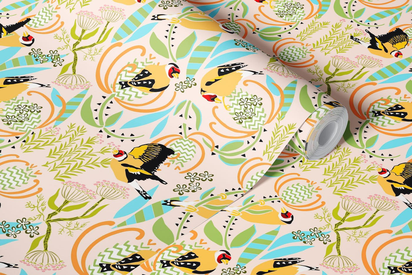 Birds on pastel weeds, goldfinch and thistle wallpaper roll