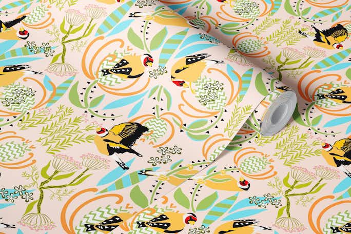 Birds on pastel weeds, goldfinch and thistlewallpaper roll