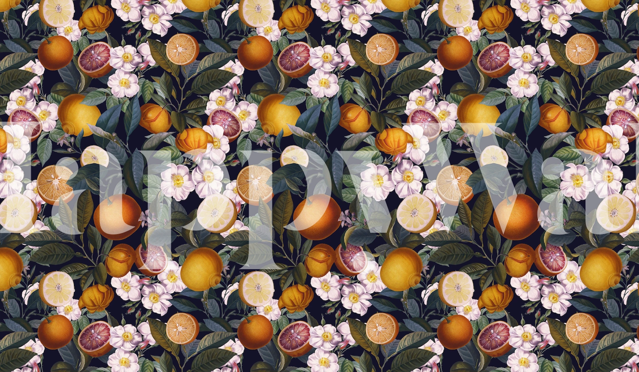 Yellow lemons and flowers on dark background wallpaper