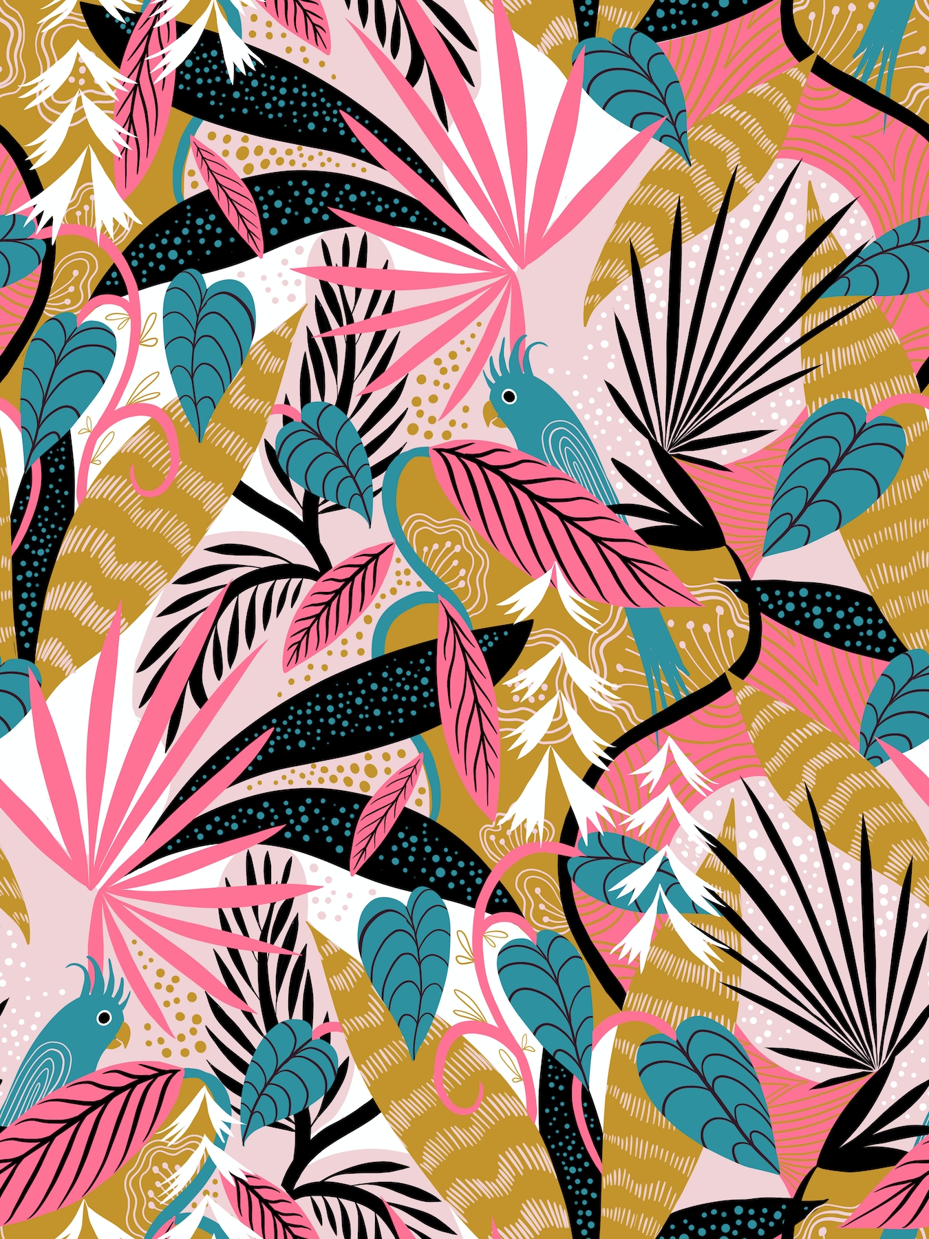 jungle foliage pink teal mustard wallpaper Free shipping Happywall