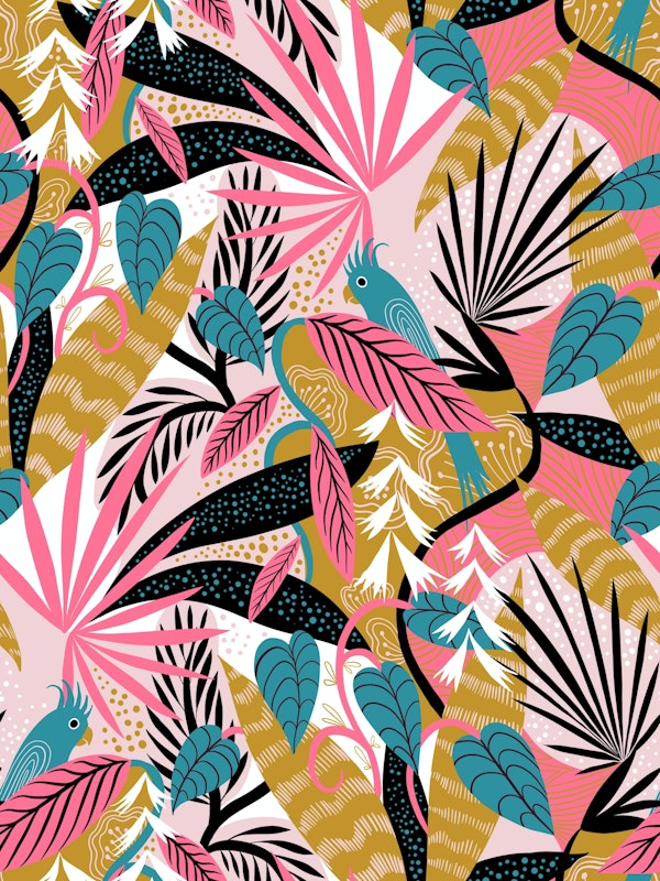 jungle foliage pink teal mustard