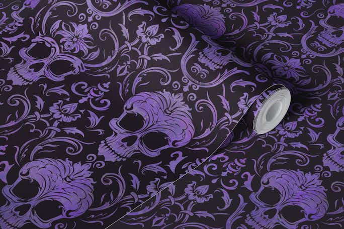 Dark Gothic Elegance Skull Damask Purplewallpaper roll