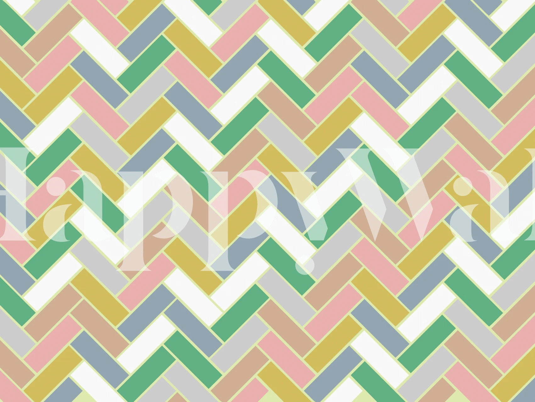 Pastel herringbone pattern in pink, green, and beige wallpaper
