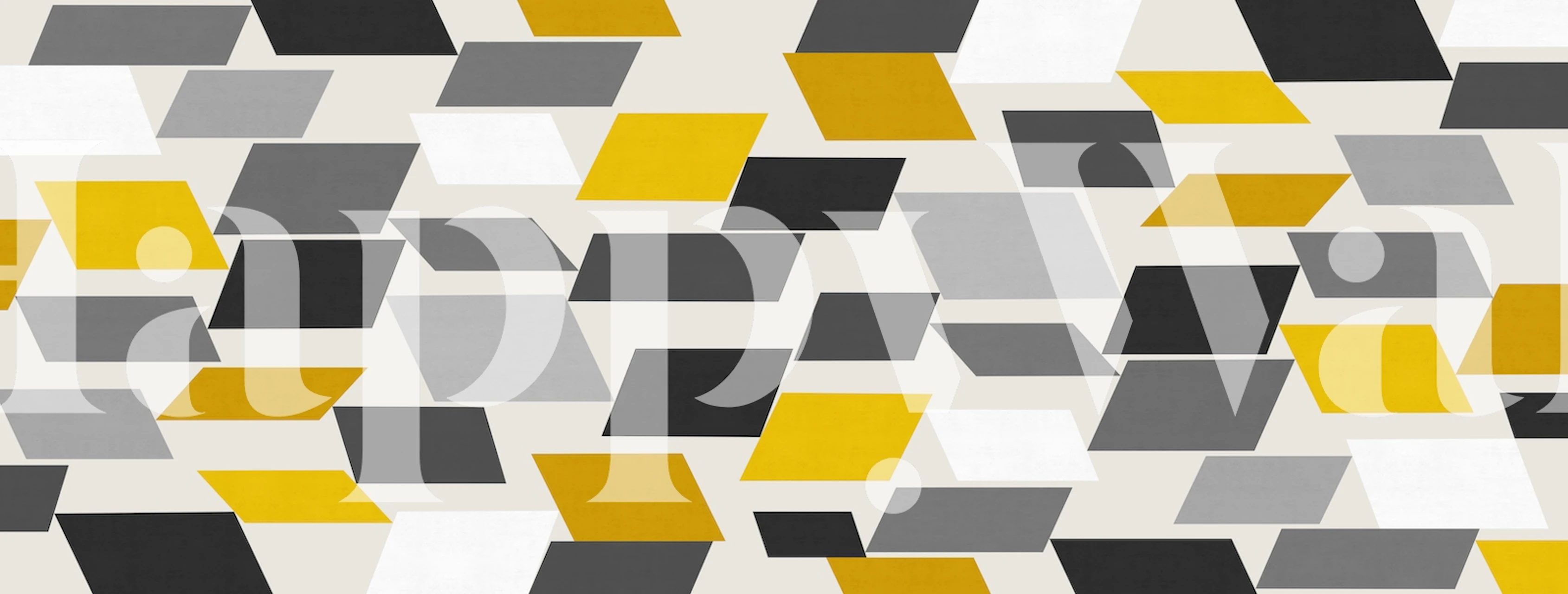 Modern geometric wall mural with gray, white, black rectangles and mustard accents