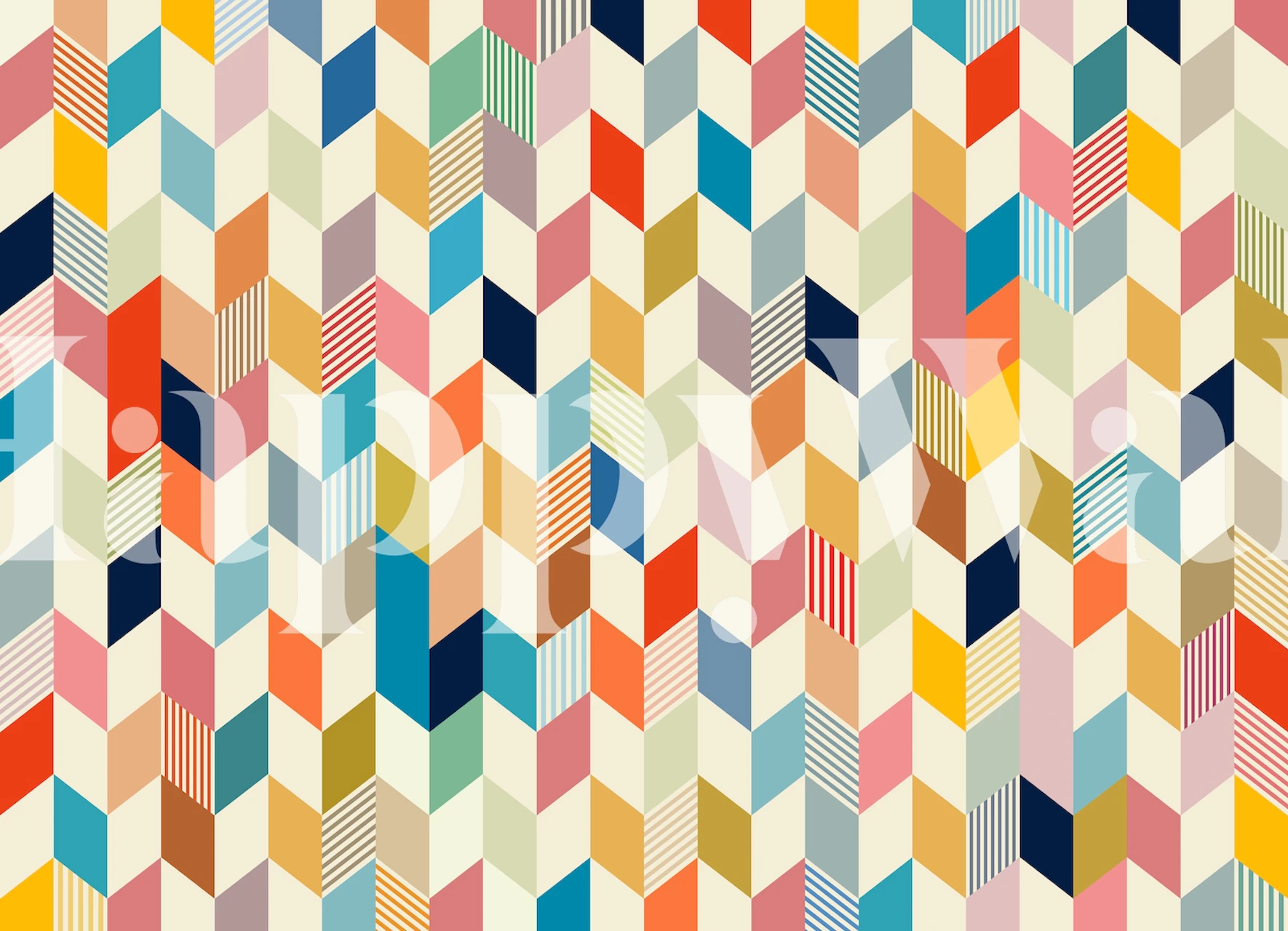 Colorful geometric shapes wall mural with a mix of pastel and jewel tones in a repeating pattern