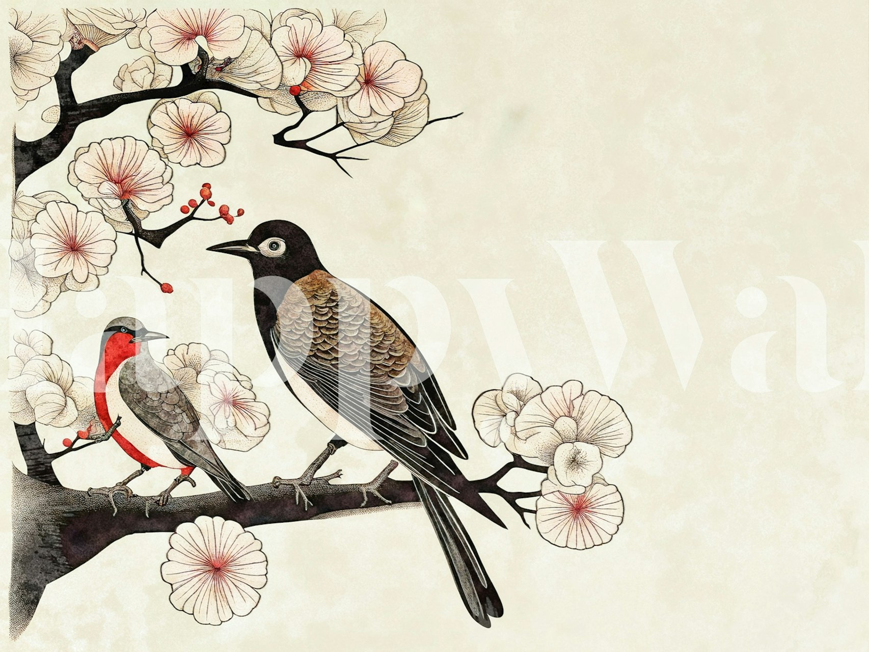 Το τοίχο mural Cozy Japandi που απεικονίζει birds σε ένα floral branch