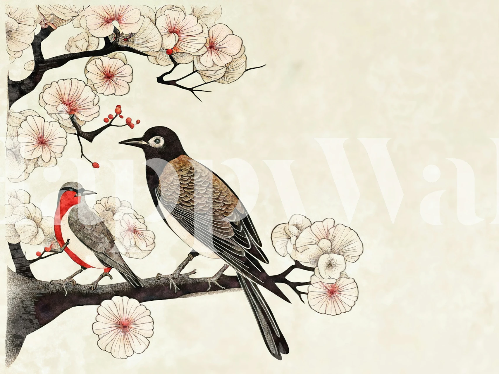 Cozy Japandi style wall mural depicting birds on a floral branch