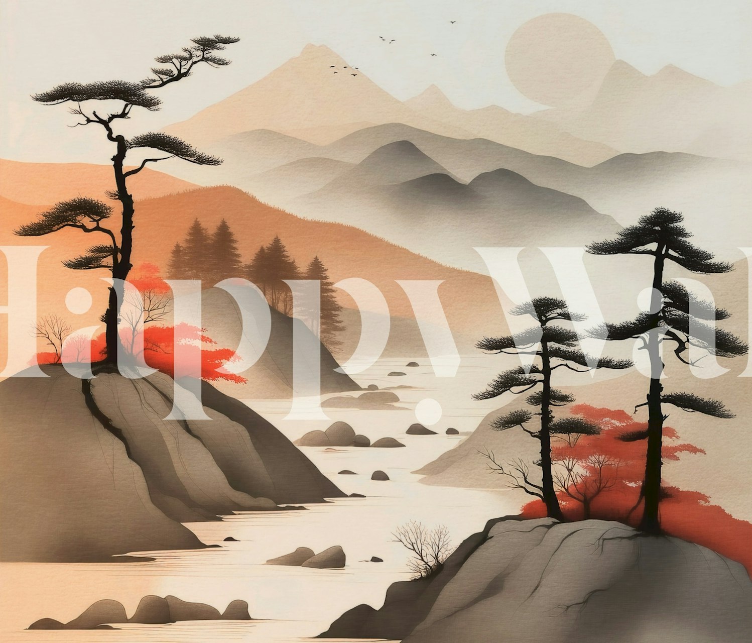 Tropical Japandi Sunrise τοιχογραφία με ανατολή, λόφους και δέντρα