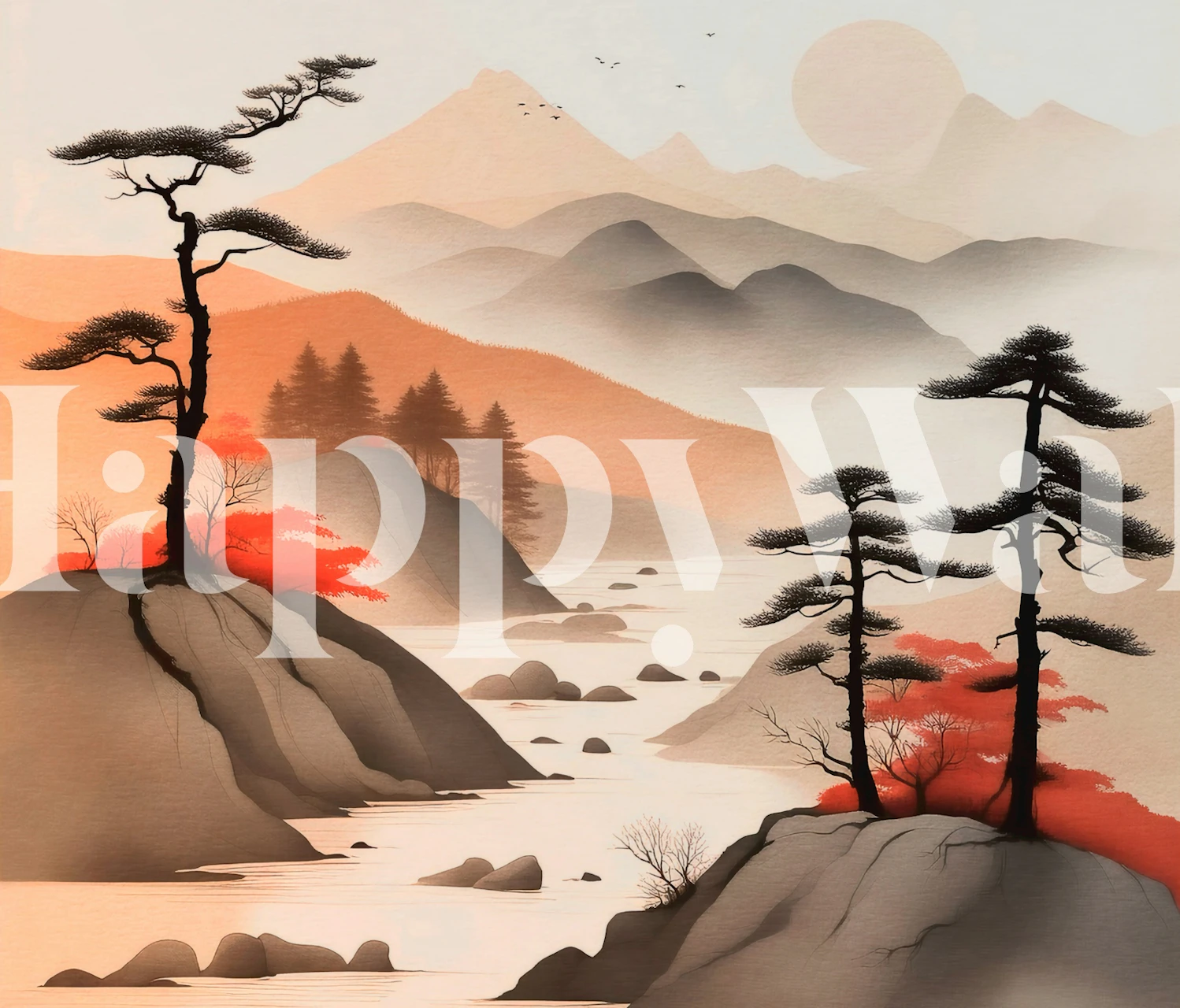 Tropisk Japandi Sunrise-tapet med soluppgång, kullar och träd