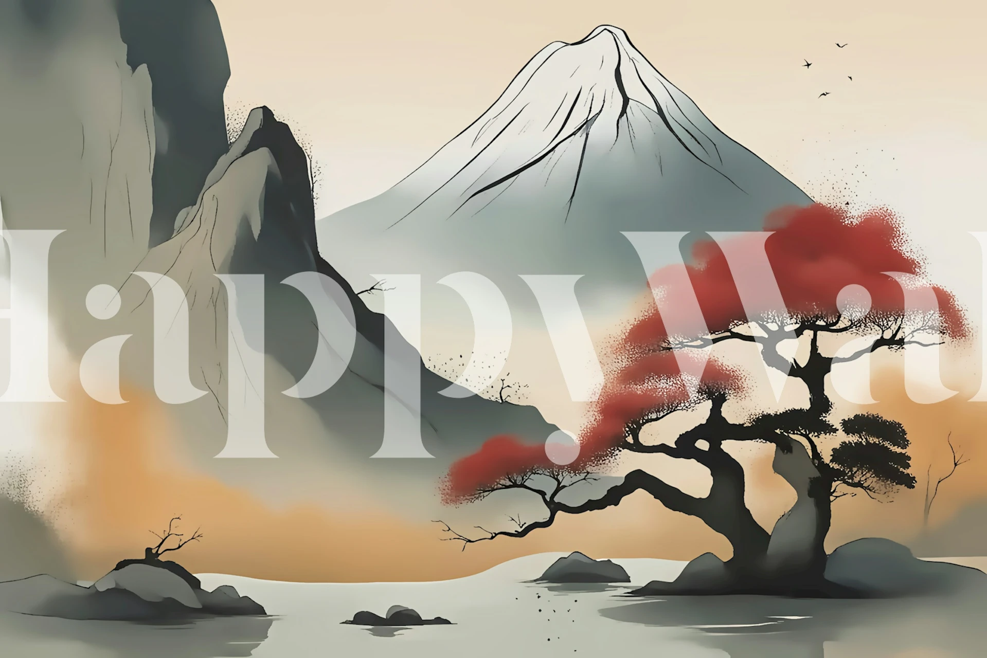 Tranquil Japanese landscape with mountains, lake, and red tree wallpaper