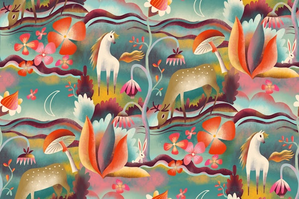 dreamy landscape with deer and horse