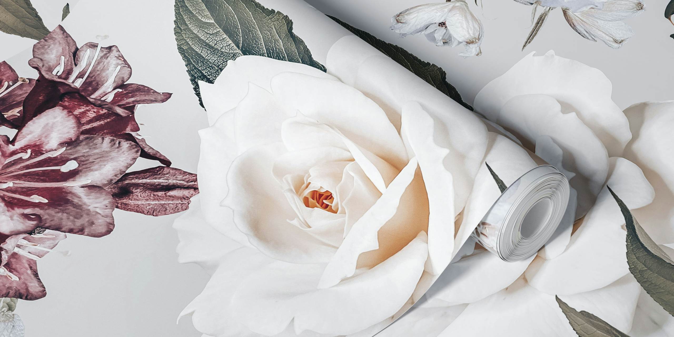 Floral vintage wallpaper in soft pastels with rose and pink hues