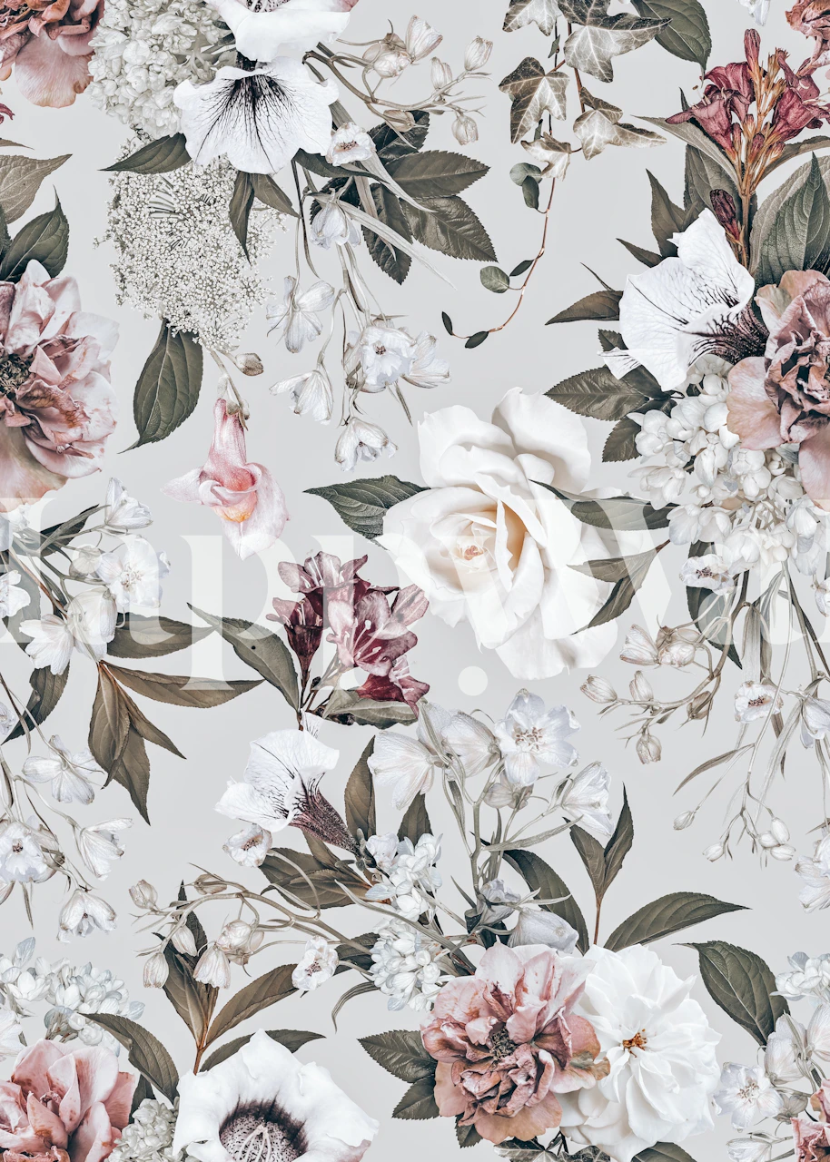 Floral vintage wallpaper in soft pastels with rose and pink hues