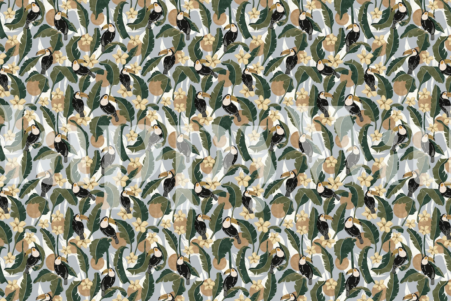 Toucans banana leaf wallpaper in a room