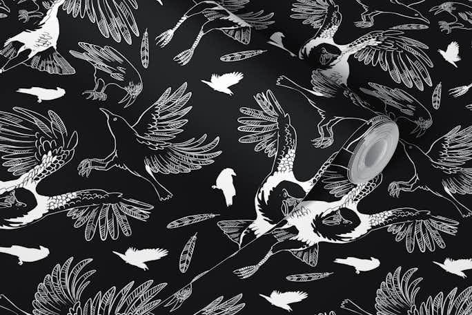 Crows and ravens, black and whitewallpaper roll